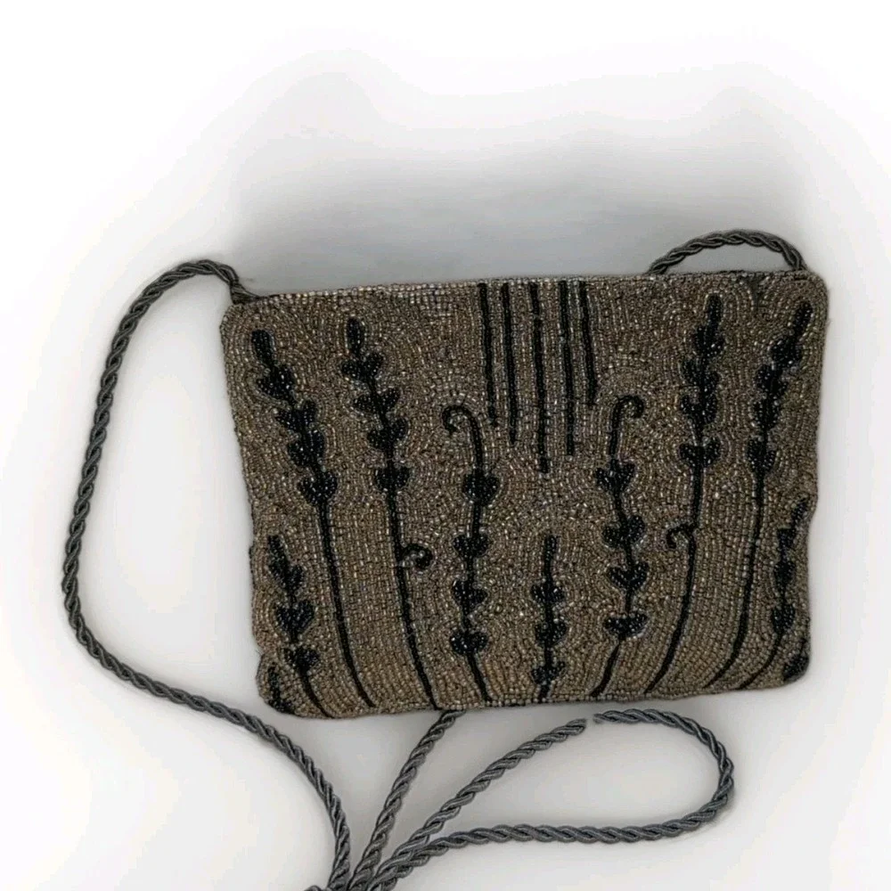 Fabulous Vintage Hand Beaded Purse Evening Bag Satin Lined Rope Strap Beautiful